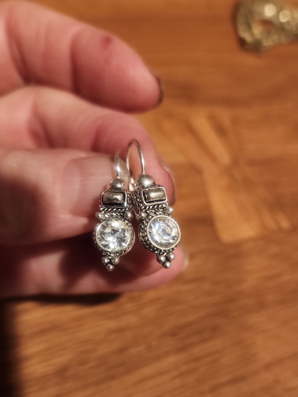 Vintage Sterling Silver Toned Clear Stone Dangle Earrings